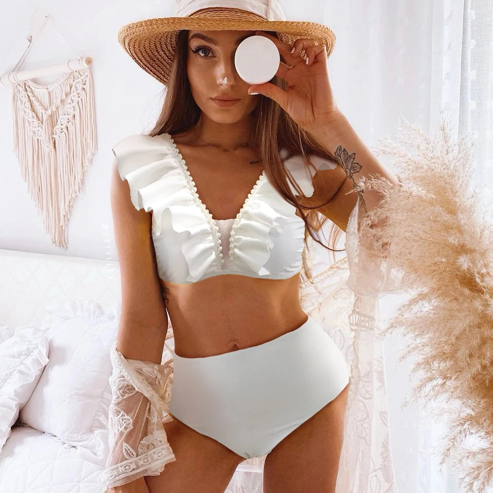 2025 New Sexy High Waist Ruffled Bikini Set Flounce Swimwear Women Swimsuit Solid Strappy Beachwear V-neck Bathing Suit Biquini