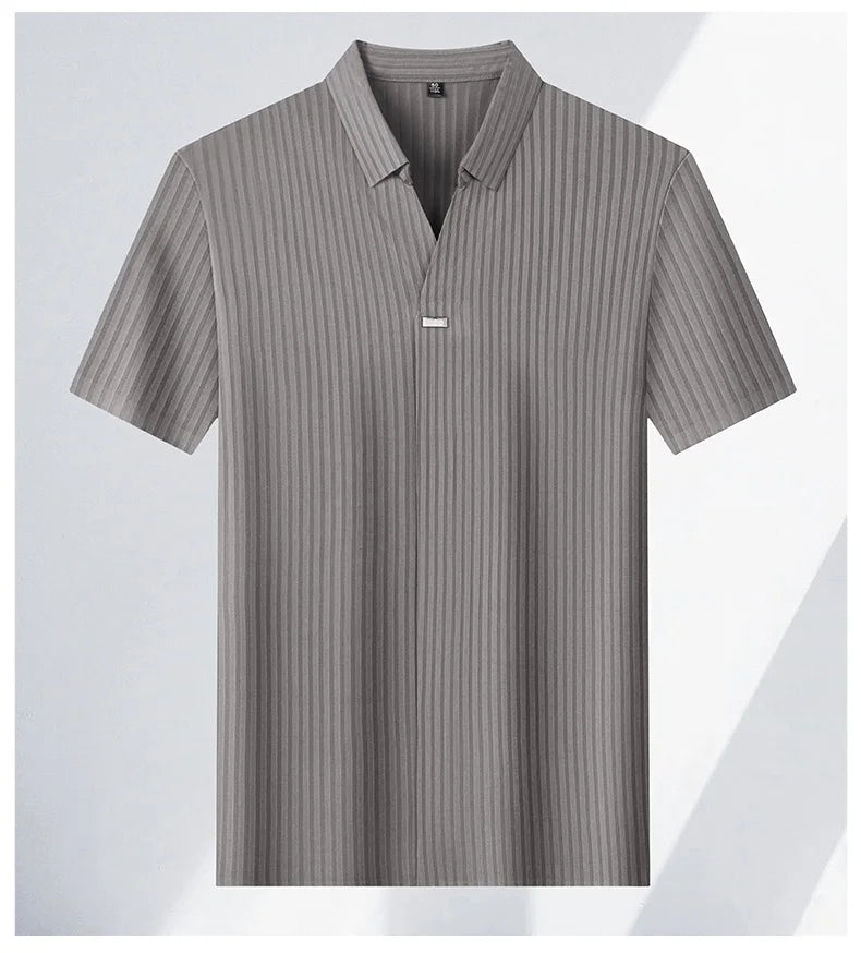 High quality personality texture stripe short sleeve polo shirt summer ice silk breathable buttonless men's solid color T-shirt