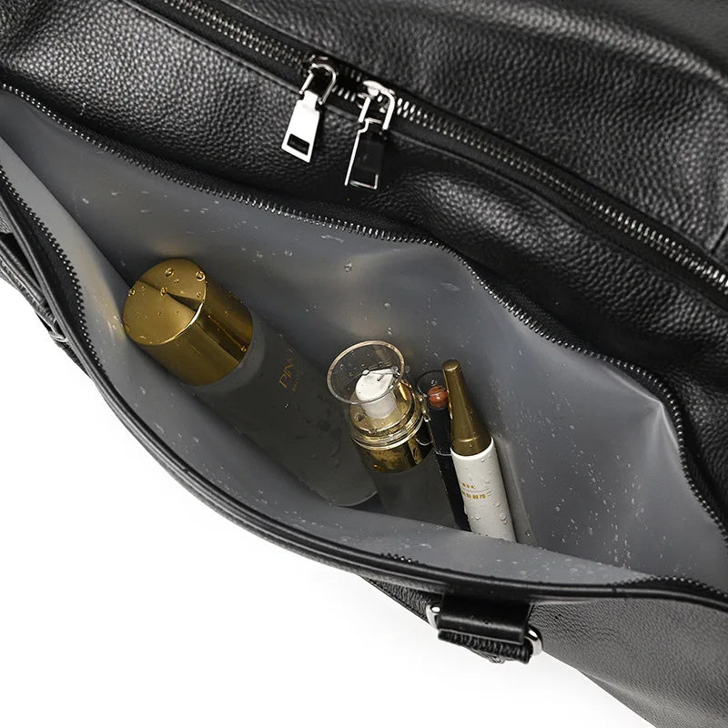 Sac de voyage en cuir véritable de grande capacité pour hommes et femmes, en cuir de vache noir souple, polochon de voyage décontracté, grand sac à bandoulière pour week-end