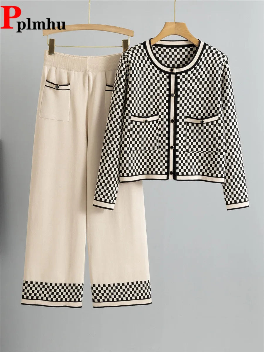 Plaid Design Knitted 2 Piece Sets Women Single Breasted Knit Sweater Cardigan Tops Conjuntos High Waist Wide Leg Pants Outfit