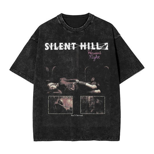 Washed T Shirts Horror Silent Hill Heavens Night Hip Hop T-Shirt Street  Streetwear Short Sleeve Printed Tops Tees Men Women