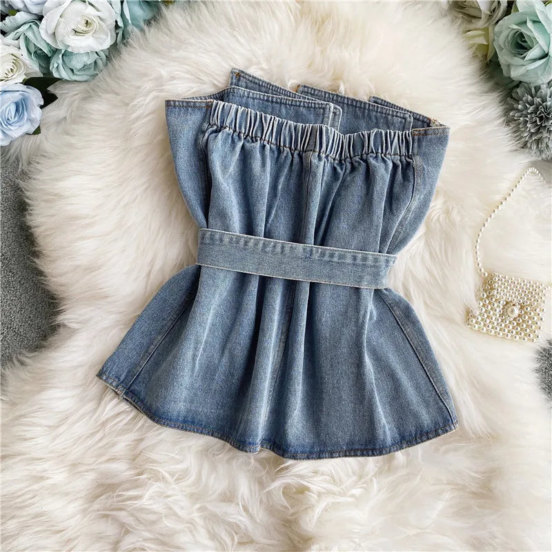 Fashion Strapless Denim Tops Summer Off Shoulder Women Short Vest With Belt Female Jean Tank Streetwear