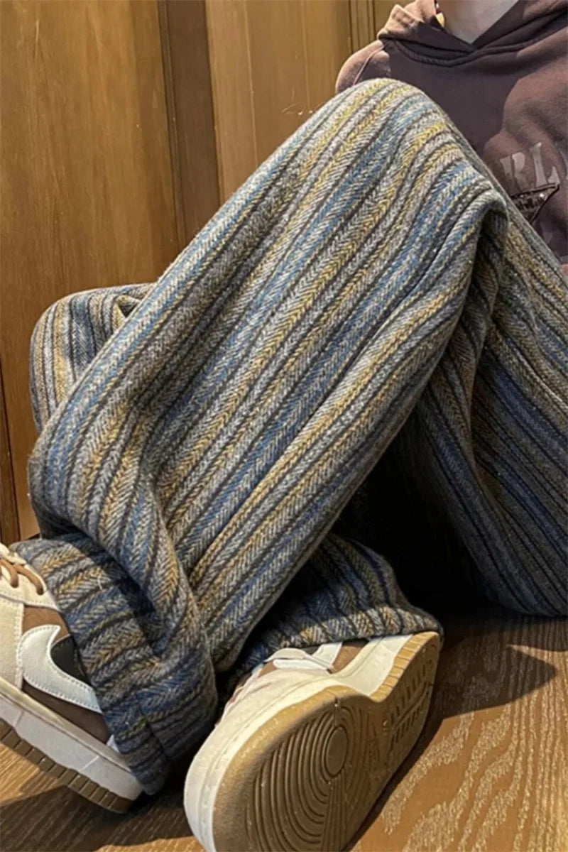 2025 New Men's Striped Woolen Straight Leg Trousers Classic Y2K Vintage Baggy Pants Casual High Street Fashion Gym Sweatpants