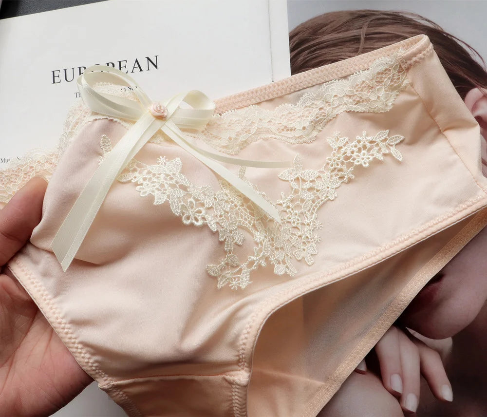 SP&CITY Flower Embroidery Ice Silk Bow Sexy Women's Underwear Low Waist Traceless Breathable Summer Thin Panties Seamless Briefs