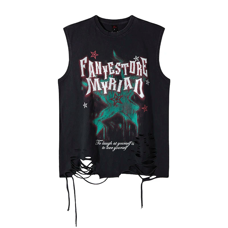 2025 Summer Hip Hop Tank Top Man Washed Streetwear Tees Y2k Sleeveless T Shirt Round Neck Cotton Baggy Vests Tops Distressed