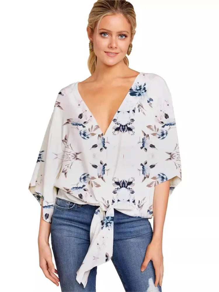 Spring Summer 2024 New Women's Shirt Sexy V-neck Short Sleeved Fashionable Printed Knot Printed  Sleeve Top