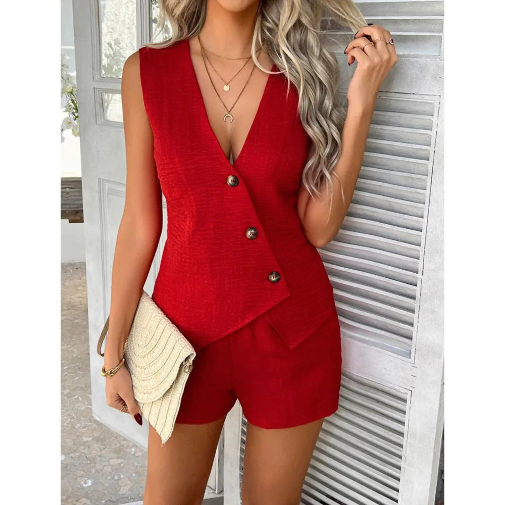 Fashion V-neck Asymmetrical Single-breasted Lady Waistcoat Two-piece Set Spring Summer New Casual Elastic Waist Women Shorts Set