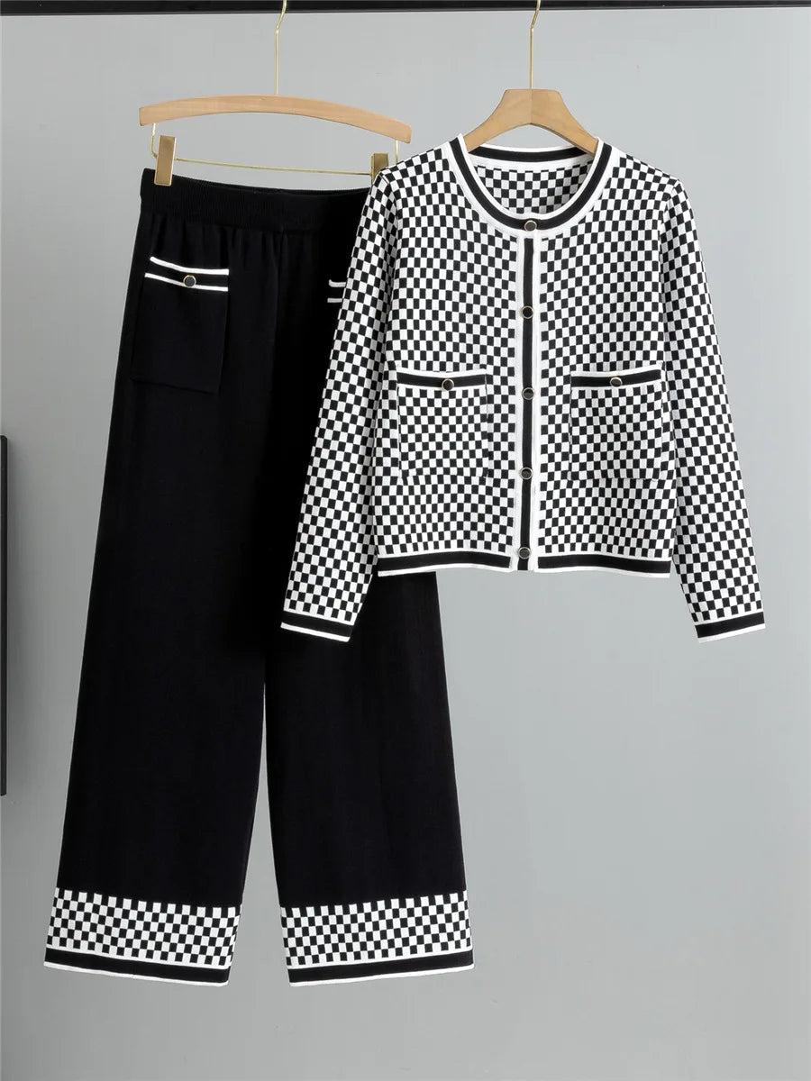 Plaid Design Knitted 2 Piece Sets Women Single Breasted Knit Sweater Cardigan Tops Conjuntos High Waist Wide Leg Pants Outfit