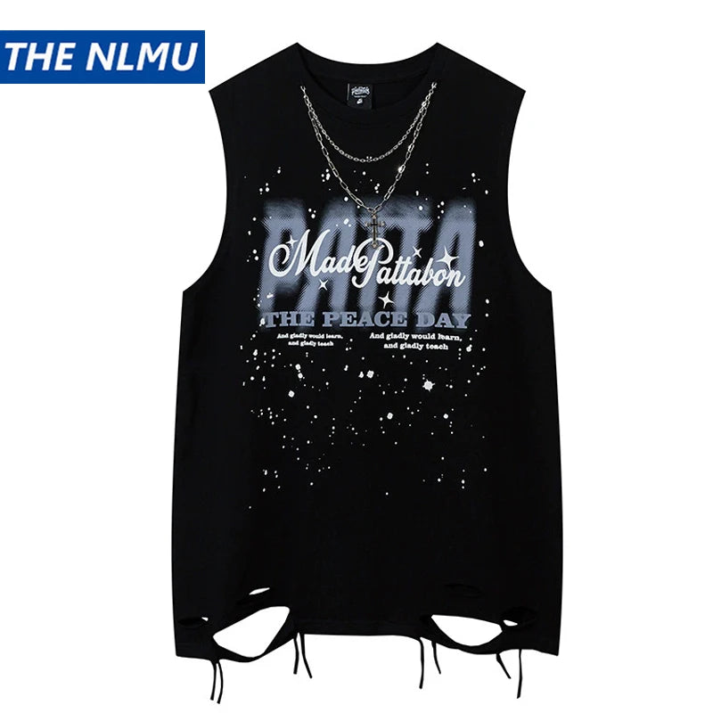 Hip Hop Tank Tops Men's Vintage Letter Graphic Sleeveless T-Shirt Streetwear Hole Harajuku Dancing Breathable Tops with Necklace