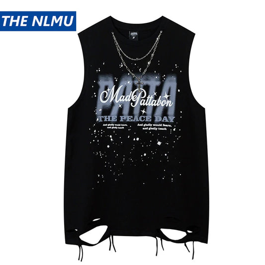 Hip Hop Tank Tops Men's Vintage Letter Graphic Sleeveless T-Shirt Streetwear Hole Harajuku Dancing Breathable Tops with Necklace