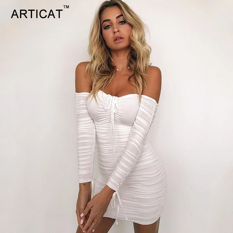 Articat – robe à bandes pour femmes, Sexy, épaules dénudées, manches longues, Slim, élastique, moulante, robes de soirée, automne hiver, 2022