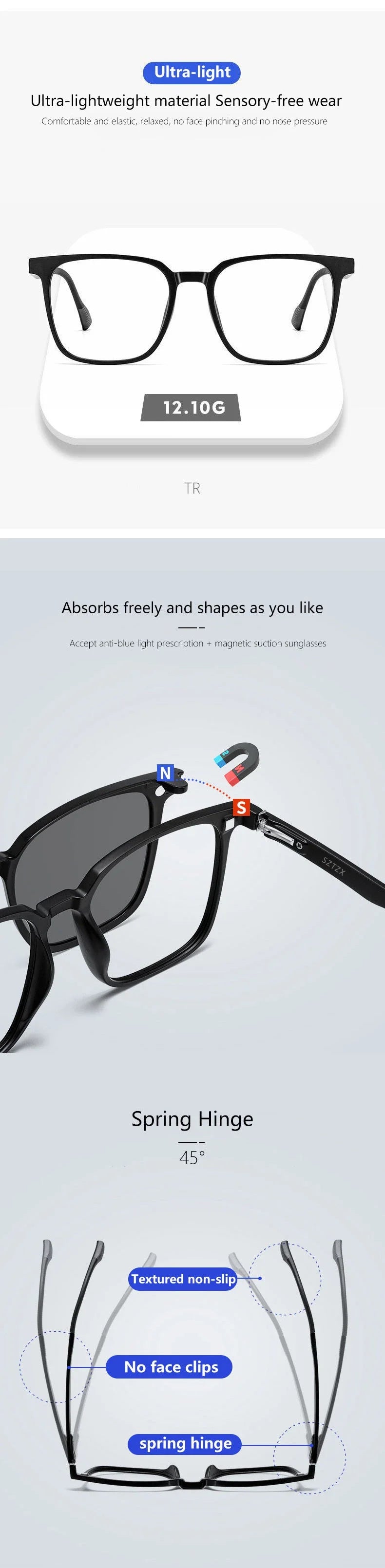 CLLOIO Magnetic Clip Optical Sunglasses Men Polarized Myopia Prescription Glasses Anti Blue Light Reading Glasses for Women 2190