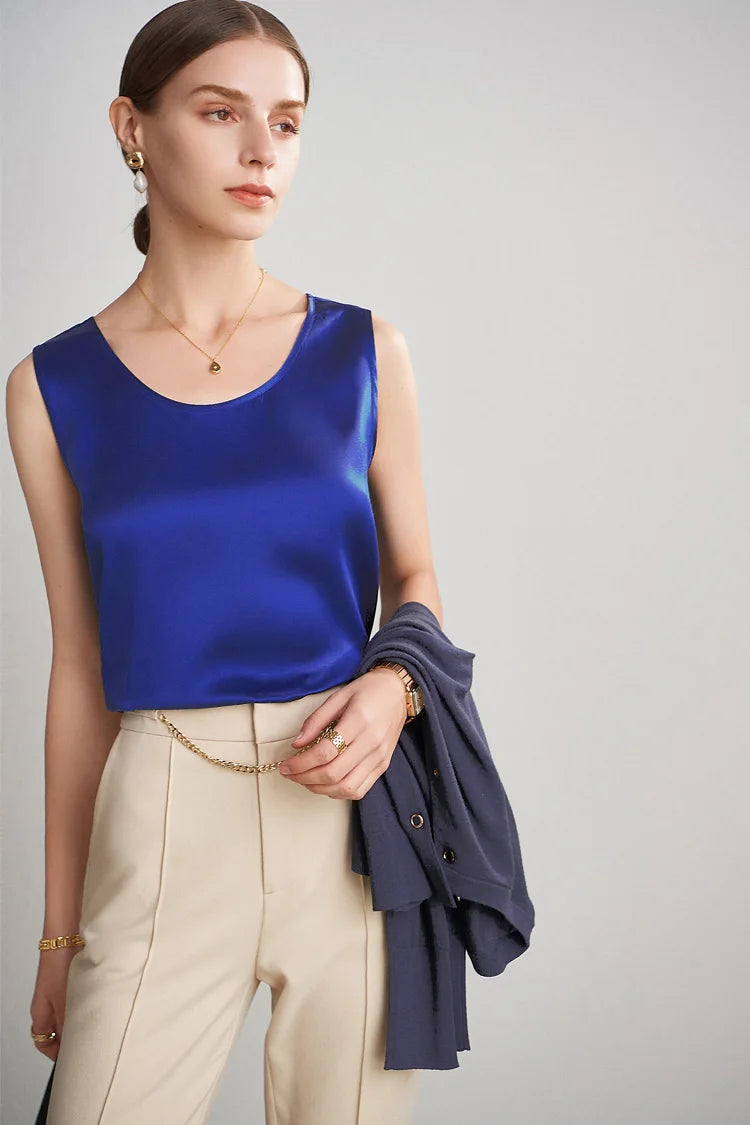 SuyaDream. Débardeur basique confortable pour femmes, 100% soie véritable, t-shirt Chic sans manches à col rond, gilets d'été solides 2025, blanc, rose, Beige