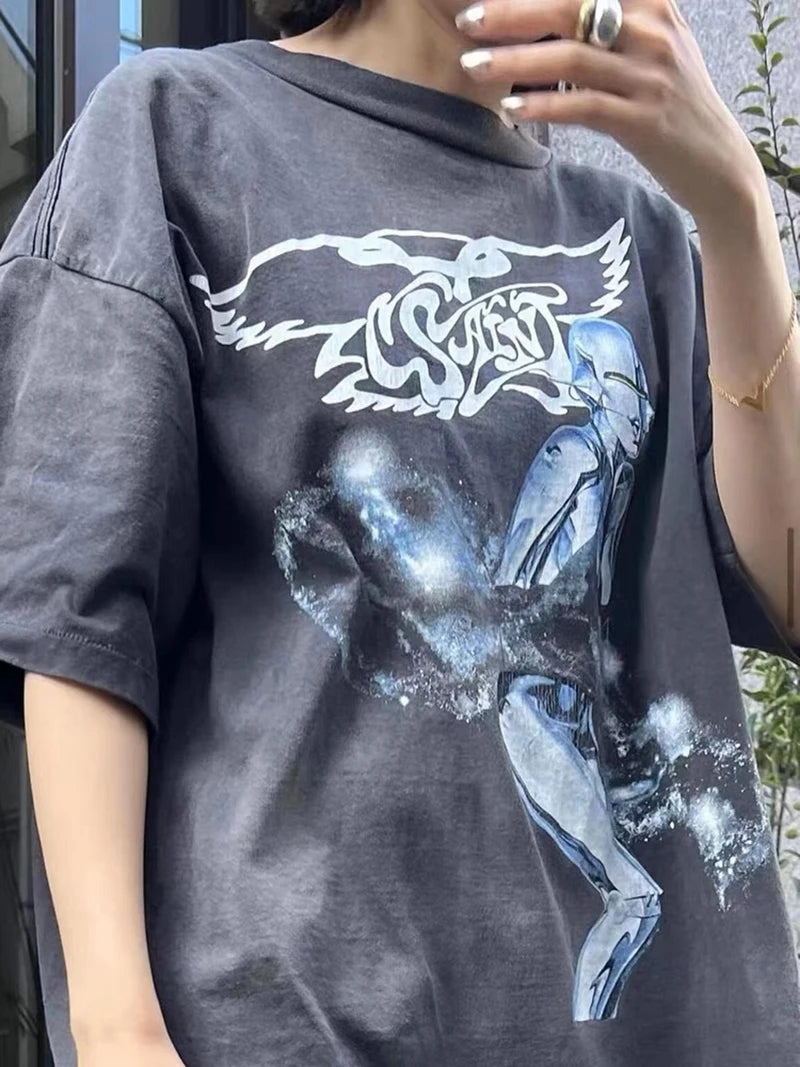 Vintage Series Saint Round Neck Sexy Robot Printed Casual High Quality Oversized T Shirt Harajuku Streetwear Men