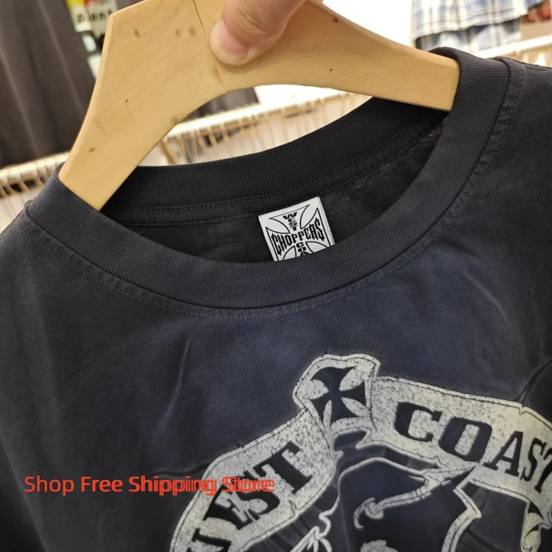 Vintage West Coast Choppers Printed T-Shirt Men's 100% Cotton Breathable Retro Biker Style Loose Fit Casual Streetwear