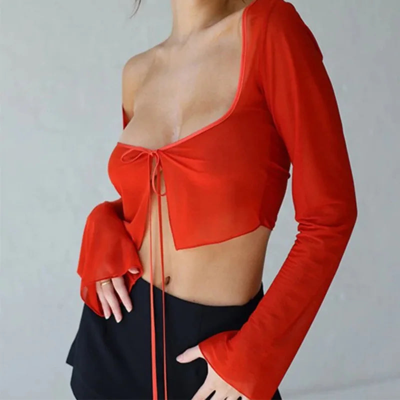 Vintage Aesthetic Crop Top Summer Women Mesh Long Sleeve T Shirt Lace Up Bandage Clothes y2k Clothes Casual Grunge Tees