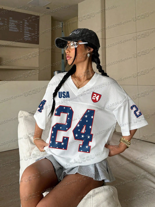 Usa No.24 Printed Mesh Jersey T-Shirt Women'S Breathable Short Sleeve Casual Sexy Streetwear Versatile Classic White Tee Y2k Top