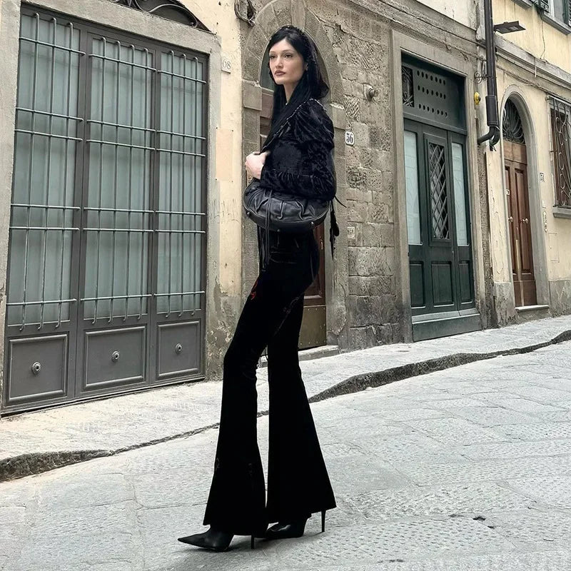 Harajuku Fashion Cross Embroidery Soft Long Pant Velvet High Waist Flare Pants Women Autumn Mall Gothic Slim Trousers