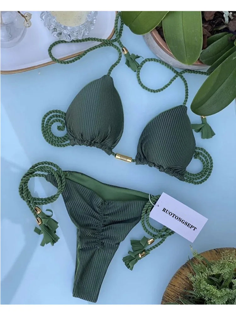 Women Bikini Rope Triangle Swimsuit Multicolor Sexy Low Waisted Bikini Set Swimsuit Swimwear Women BeachwearBrazilian biquini
