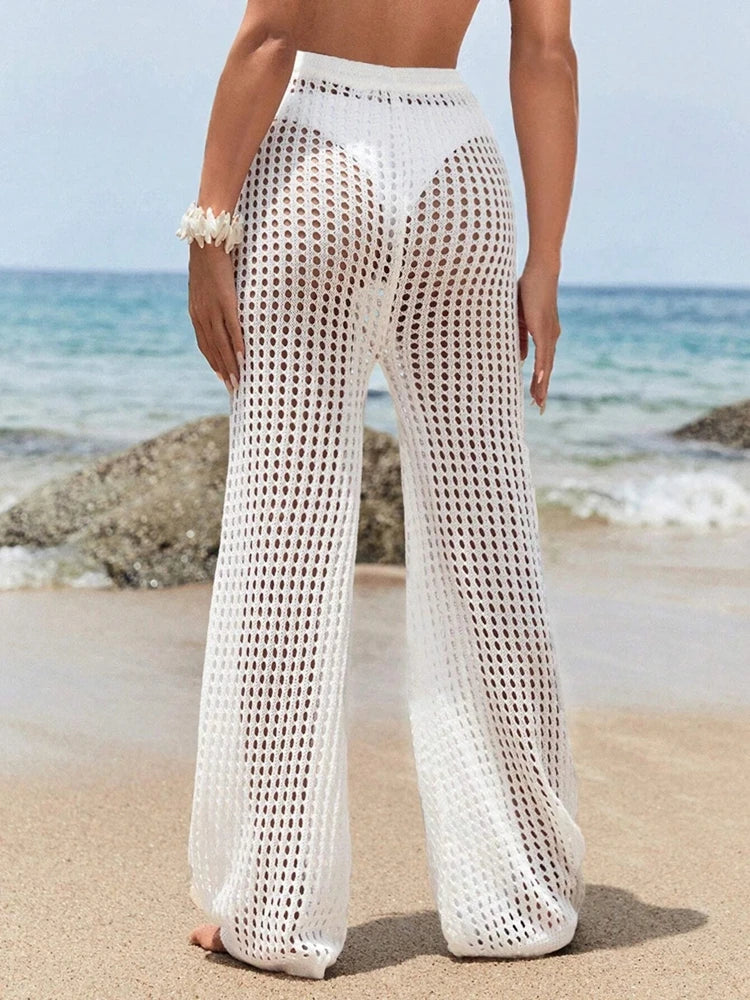 Knitted wide pants with casual solid color hollow out, fashionable, elegant and comfortable drawstring for women