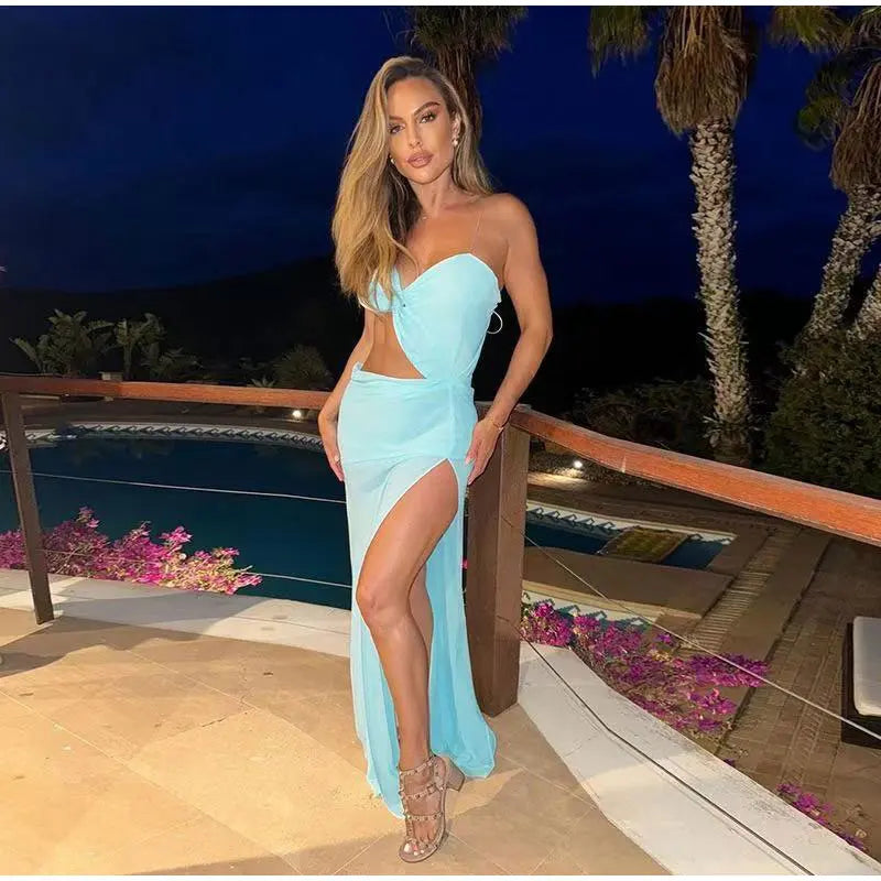 Sexy Backless lace Up Long Dress Women Elegant Sleeveless Side Split Off Shoulder Dresses Female 2025 Summer Beach Party Robes