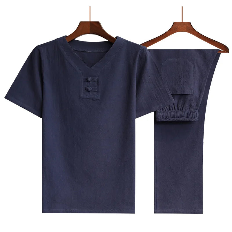 (Shirt + trousers) 2025 summer men shirt Cotton and linen shirts elastic waist Short sleeve casual men's shirts men size M-5XL