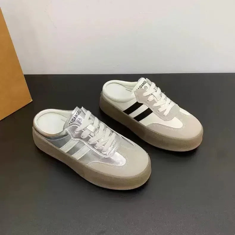 2025 Spring casual lace-up flat shoes are selling well. College-style fashionable thick-soled breathable slippers in large sizes