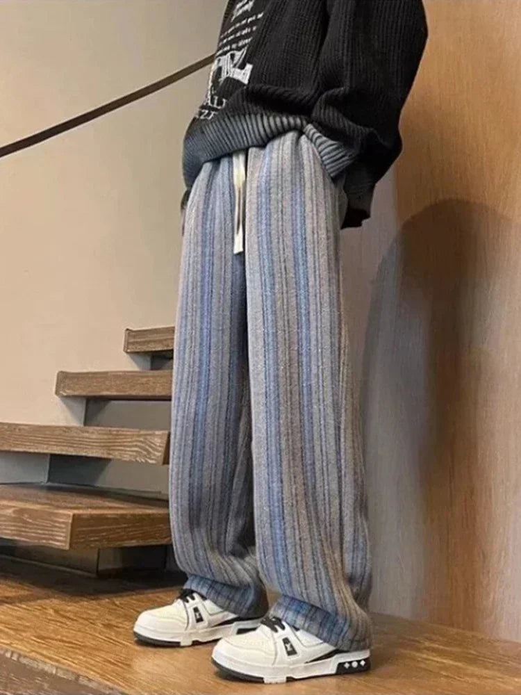 2025 New Men's Striped Woolen Straight Leg Trousers Classic Y2K Vintage Baggy Pants Casual High Street Fashion Gym Sweatpants