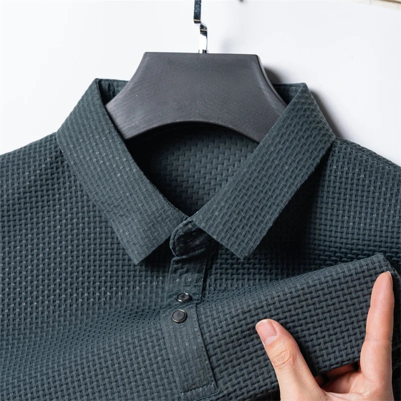 Summer New Men's Lop-up Hollow Short-sleeved Polo Shirt Ice Silk Breathable Business Fashion T-Shirt Male Brand Clothes