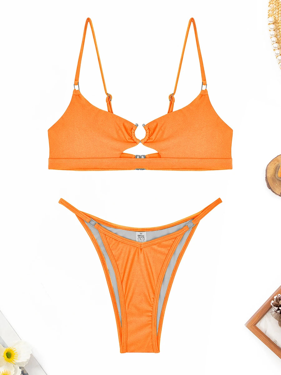Hollow Out Bikini 2025 Solid Ring Link Swimsuit Women Padded Swimwear Female Bathers Bathing Swimming Swim Suit Beachwear