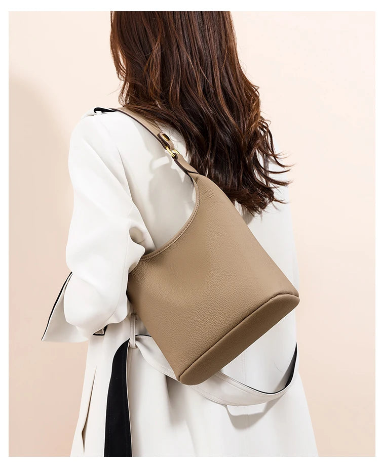 Luxury Soft Genuine Leather Women's Shoulder Crossbody Bags Designer Ladies Bucket Handbag Cow Leather Female Messenger Tote Sac