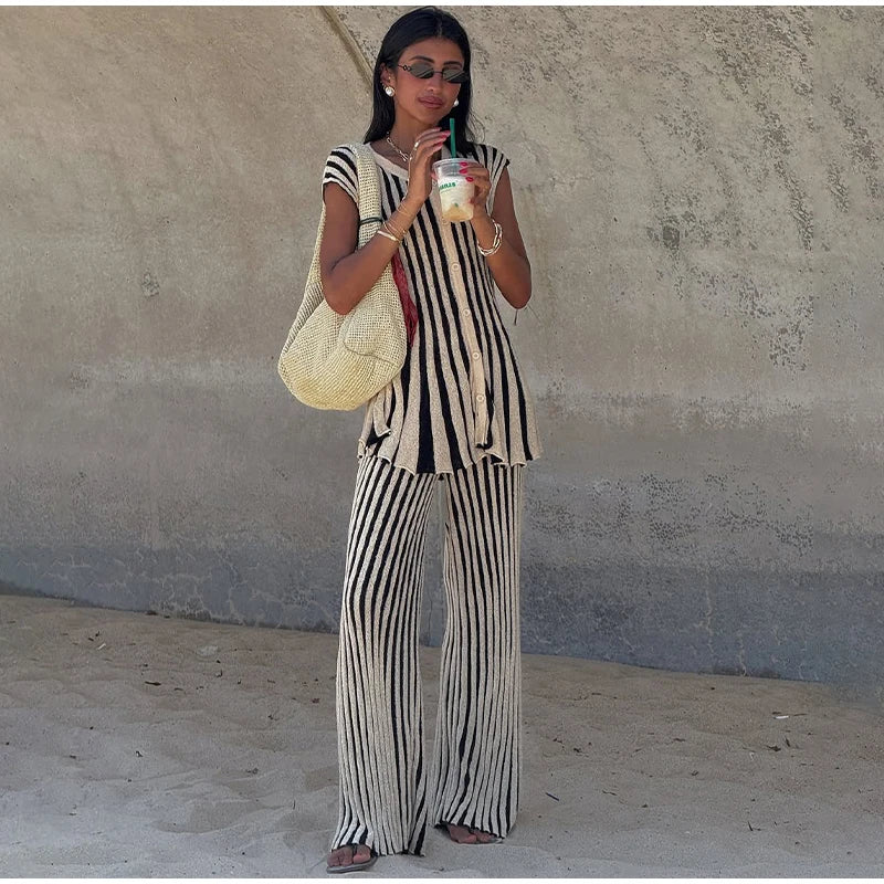 Chic Striped Knitted Button Set Women Elegant Round Neck Short Sleeved Slim Fit Two-piece Suit 2025 New Summer Holiday Outfits