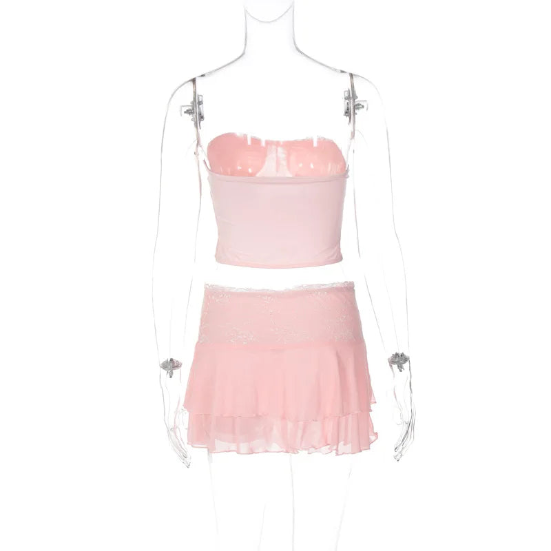 Two Piece Sets Y2k Lace See Through Sexy Camisole Bustiers Womens Sexy Double Layer Mini Skirts Chic Beachwear Crop Top Summer
