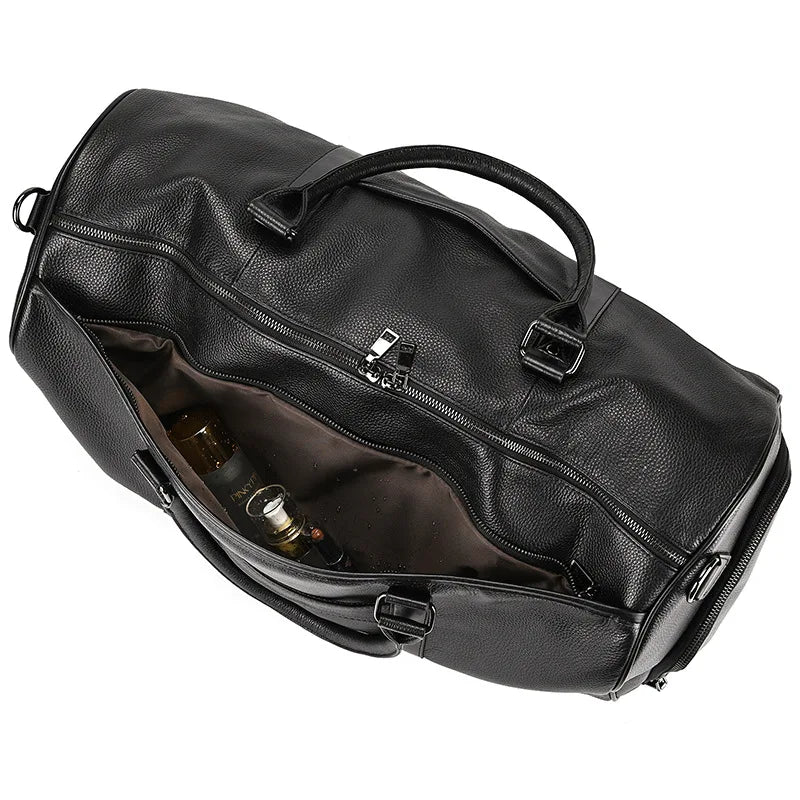 Sac de voyage en cuir véritable de grande capacité pour hommes et femmes, en cuir de vache noir souple, polochon de voyage décontracté, grand sac à bandoulière pour week-end