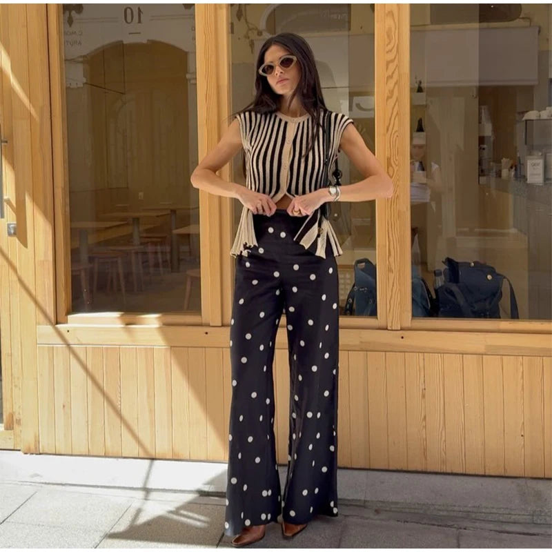Chic Striped Knitted Button Set Women Elegant Round Neck Short Sleeved Slim Fit Two-piece Suit 2025 New Summer Holiday Outfits