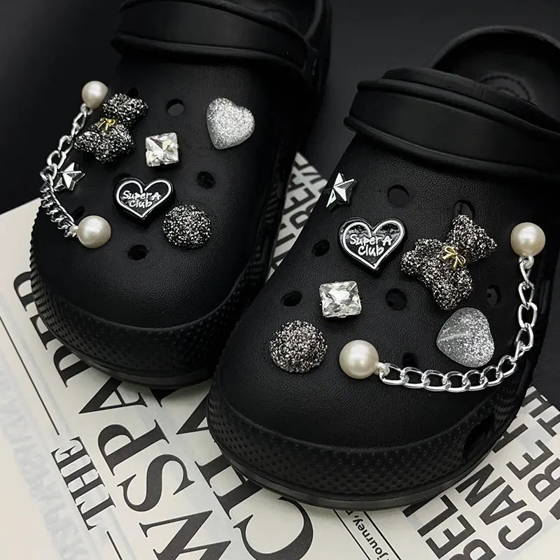 Sparkling Bear Love Rhinestone Pearl Chain Shoe Charms for Crocs Clogs Pins Decorations Slipper Accessories Garden Sandals Gift