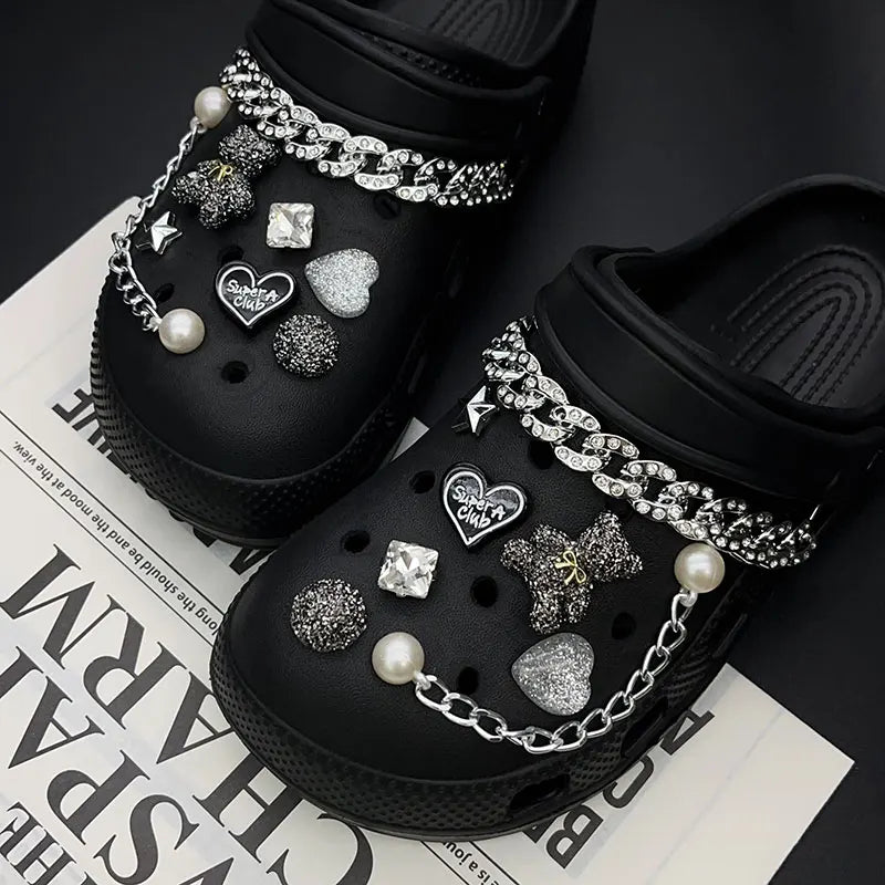 Sparkling Bear Love Rhinestone Pearl Chain Shoe Charms for Crocs Clogs Pins Decorations Slipper Accessories Garden Sandals Gift