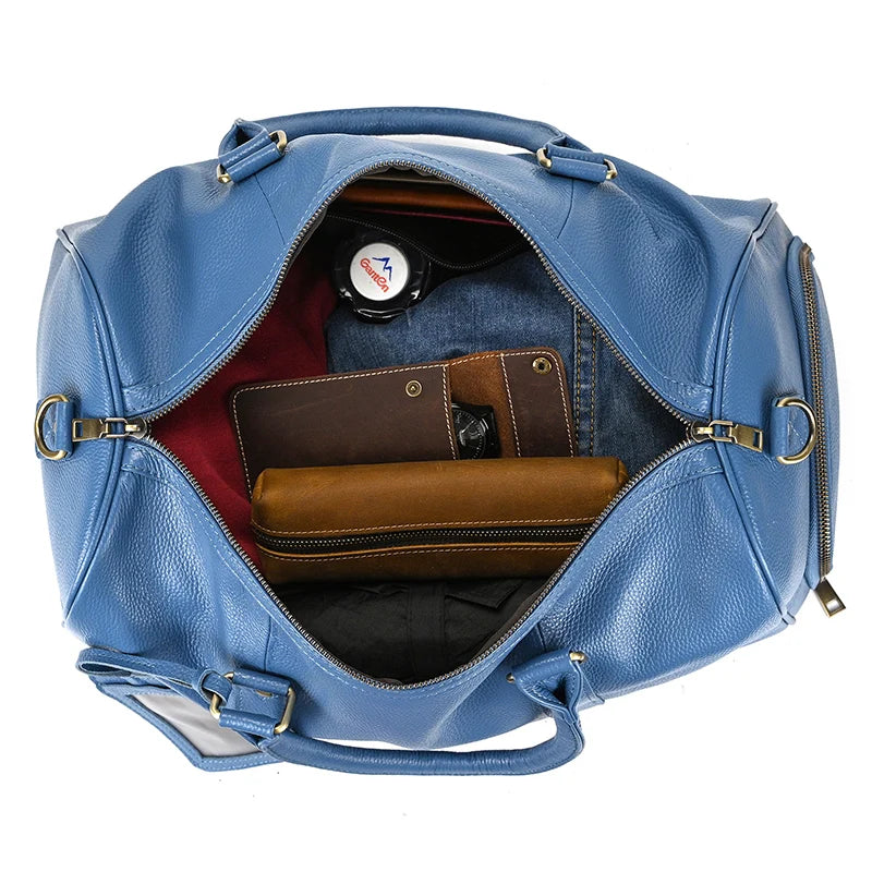 Sac de voyage en cuir véritable de grande capacité pour hommes et femmes, en cuir de vache noir souple, polochon de voyage décontracté, grand sac à bandoulière pour week-end
