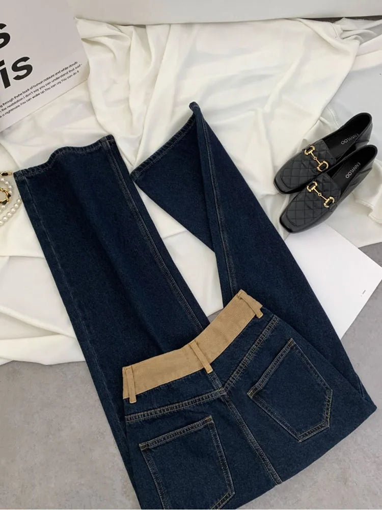 Korean Design Drawstring Baggy Straight Jeans Women Vintage Casual High Waist Wide Leg  Denim Pants Streetwear Loose Vaqueros