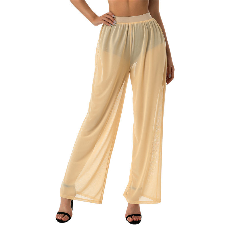 Women See Throug Mesh Cover up Pants Swimsuit Bikini Bottom Cover up Elastic Waist Loose Wide Leg Long Palazzo Pants Trousers