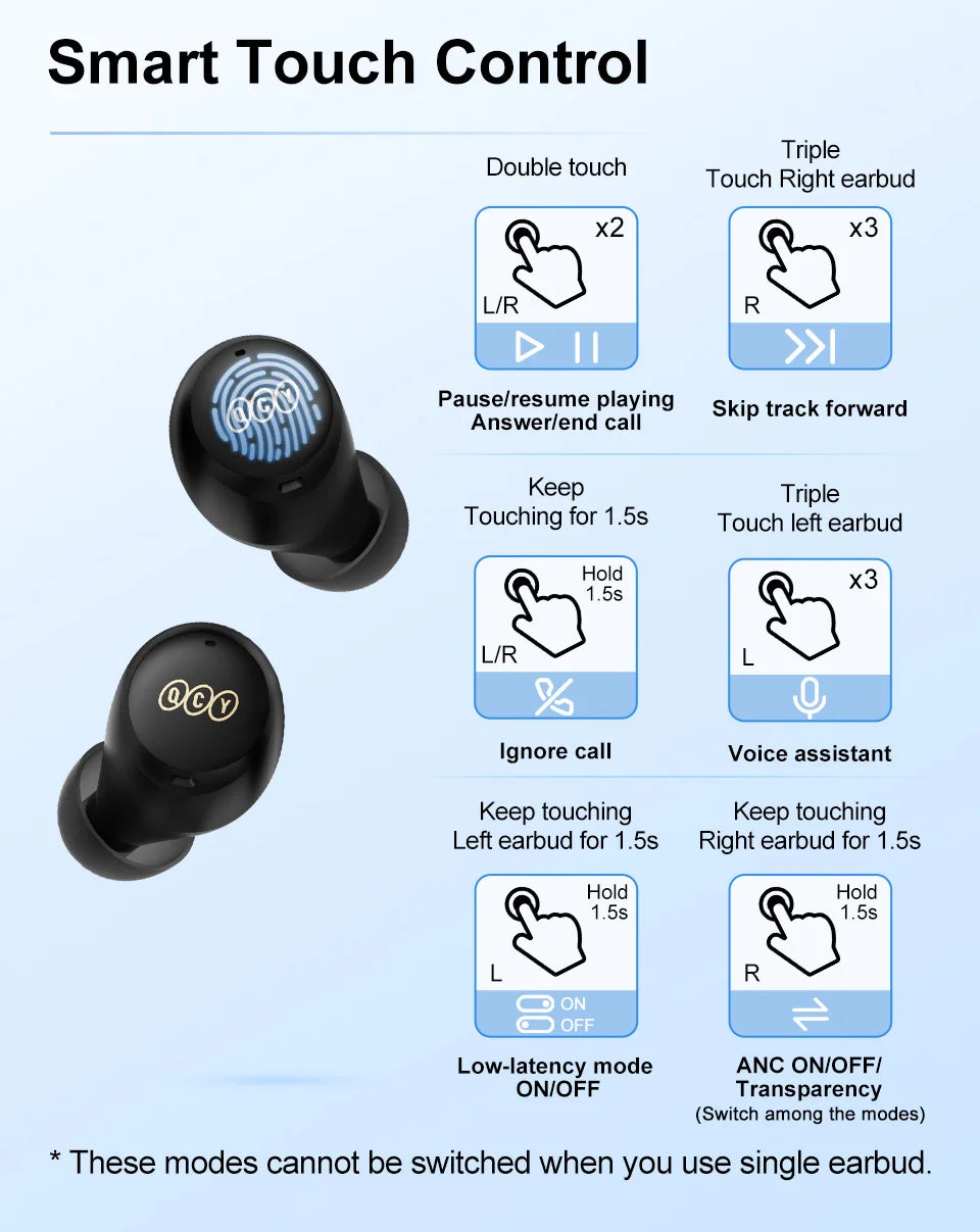 QCY HT07 ANC Wireless Earphones 40dB Active Noise Cancelling Headphones 6 Mic AI HD Call Bluetooth 5.2 TWS Earbuds 32H Playback