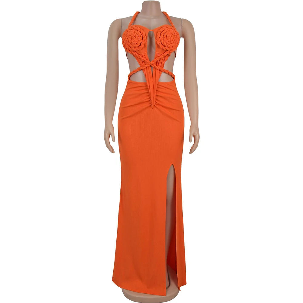 Bonnie Forest Gorgeous Cut-Out Ruched Bandage Long Dress For Women Chic Summer Halter Neck High Slit Party Dresses Beach Vestido