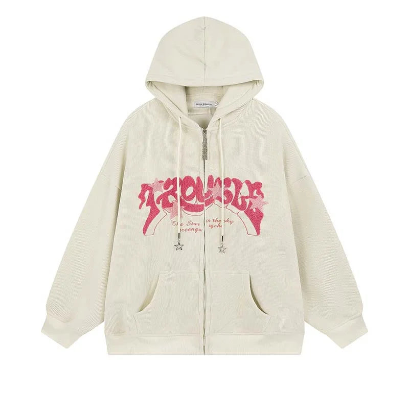 Y2k Zip Up Hoodie Women Spring Retro Embroidered Letter Loose Long Sleeve Tops 2025 Casual Hooded Sweatshirts Harajuku Jackets