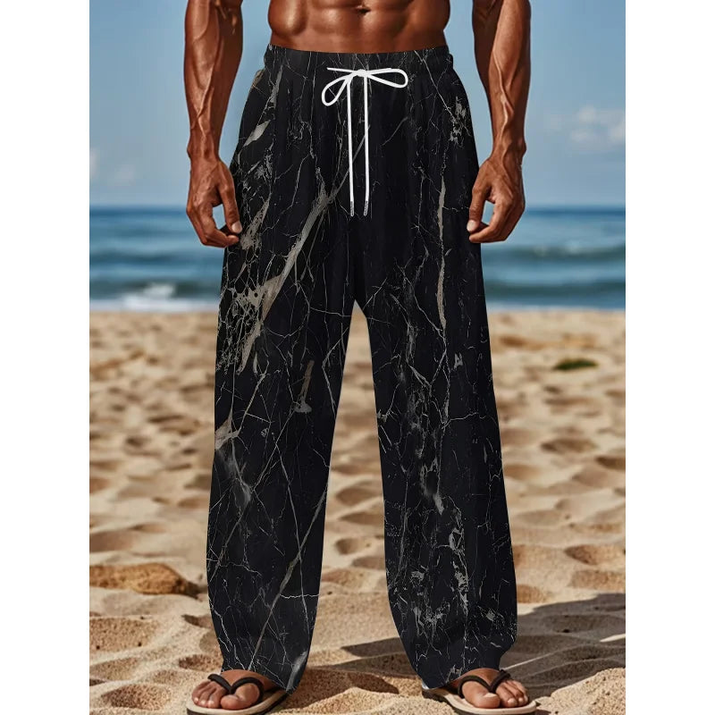 Men'S Summer Fashion Casual Pants Lightweight Comfortable Solid Color With Stylish Print Drawstring For Sports And Casual Wear