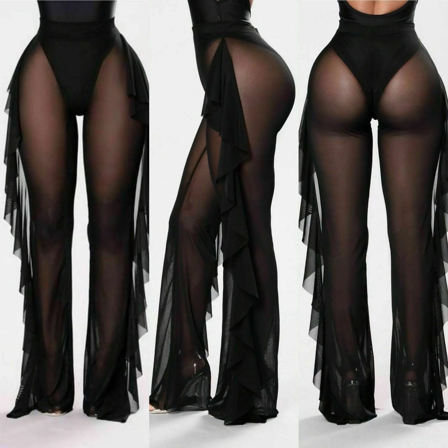 New Women Sexy Transparent Pants High Waist See Through Mesh Sheer Summer Beach Long Pants Bandage Solid Trousers 4 Colors S-XXL