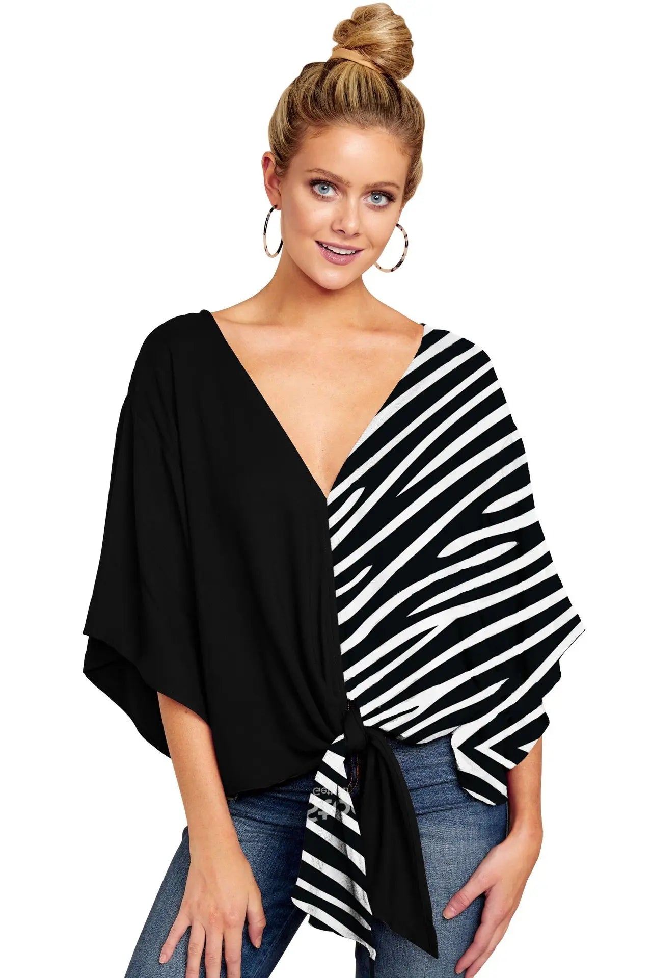 Spring Summer 2024 New Women's Shirt Sexy V-neck Short Sleeved Fashionable Printed Knot Printed  Sleeve Top