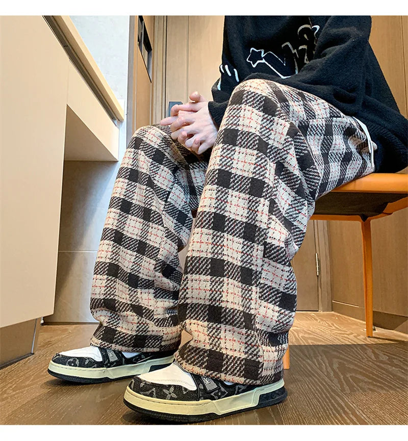 New Y2K Vintage Plaid Baggy Pants Men's High Street Woolen Straight-leg Trousers Autumn Korean Fashion Hip Hop pantalones hombre
