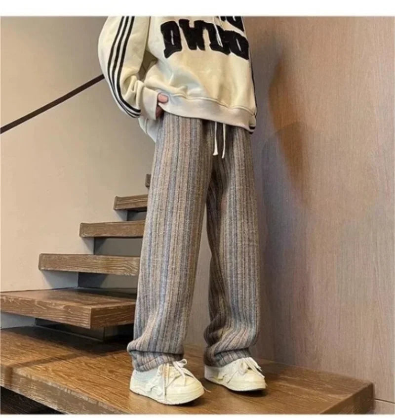 2025 New Men's Striped Woolen Straight Leg Trousers Classic Y2K Vintage Baggy Pants Casual High Street Fashion Gym Sweatpants