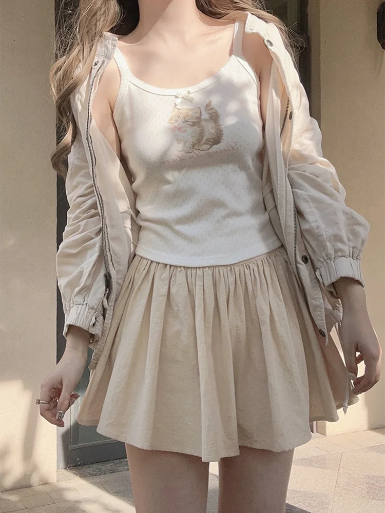 Cute Tops Women Summer Cotton Camis Pink Bow Print Knitted Crop Top for Sweet Girl Lolita Style Kawaii Clothes