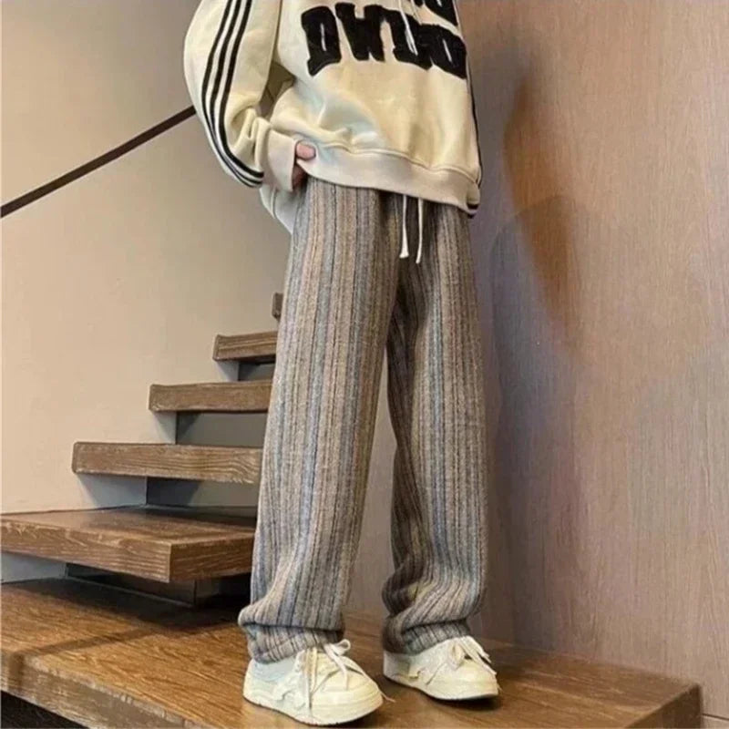 2025 New Men's Striped Woolen Straight Leg Trousers Classic Y2K Vintage Baggy Pants Casual High Street Fashion Gym Sweatpants